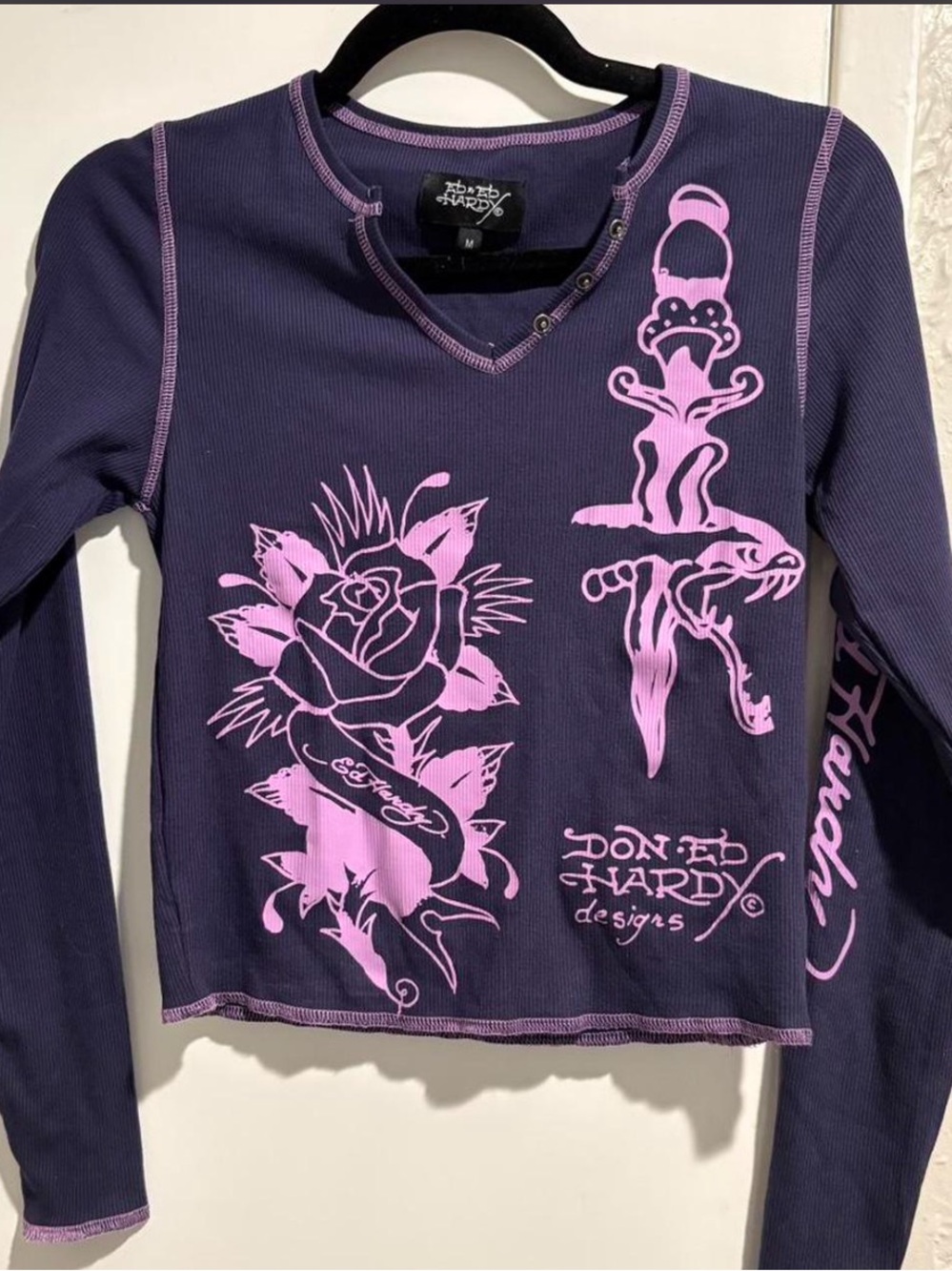 Ed Hardy Purple Long Sleeve Tee with Pink Rose & Dagger Graphics